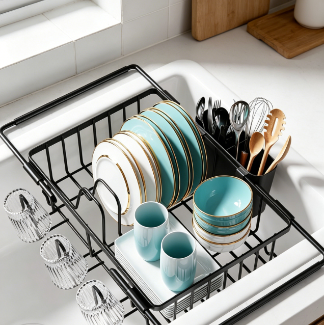 Expandable Dish Rack for Kitchen Sink with Cutlery Holder