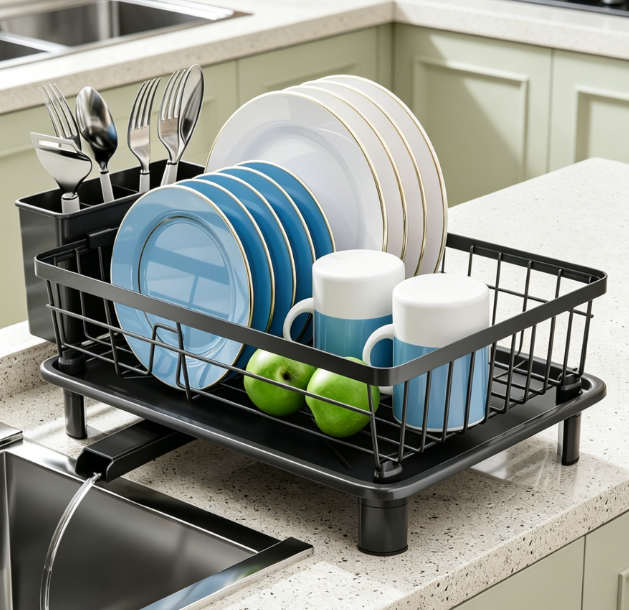 Dish Rack with Removable Utensil Holder and Drainboard