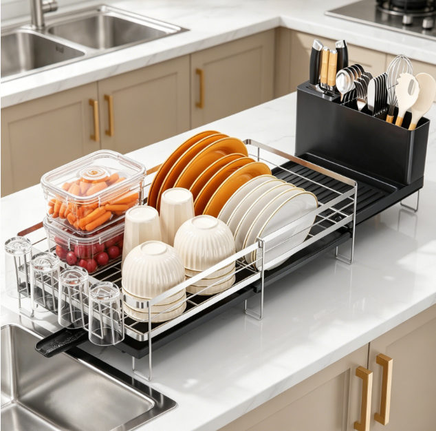 Expandable Stainless Steel Dish Drainer with Cup Holder