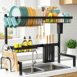 Adjustable Over Sink Dish Drying Rack with Storage Holders