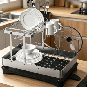 Foldable Stainless Steel Dish Rack with Rotating Spout