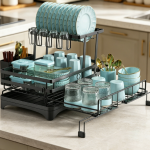 Expandable 2 Tier Dish Drying Rack with Cup Holder